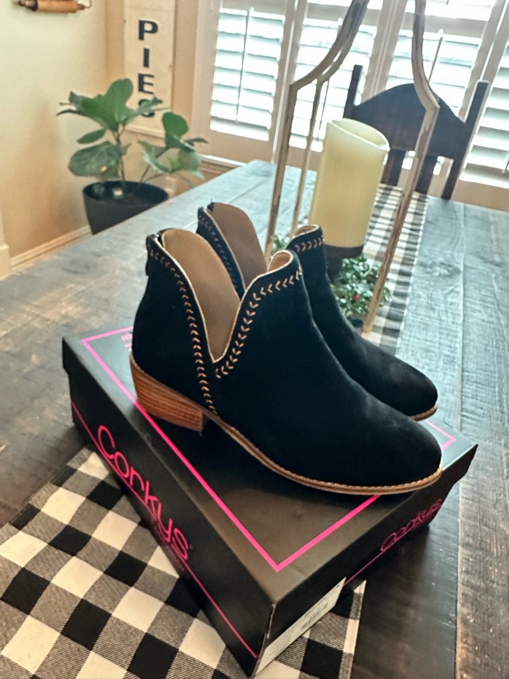 Corkys Bluffin Black Suede Ankle Booties with Contrast Stitch